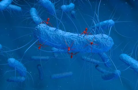 Bacteriophage viruses attack bacteria 3d render illustration Illustrazione stock