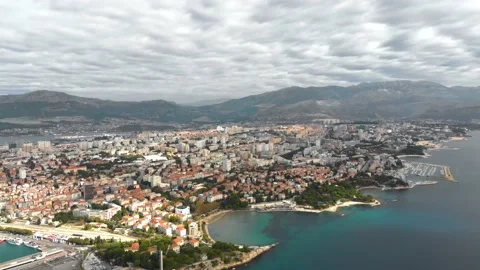 Bacvice Beach Bay in Split, Croatia. Beautiful Vacation Spot. Aerial Stock Footage 143213128