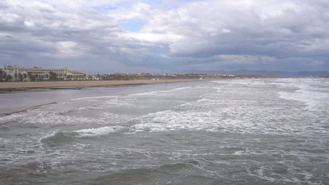 Bad beach day in Valencia, Spain. Malvarrosa beach after a strong storm. Stock Footage 133227448