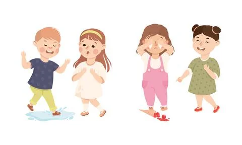 Bad behavior of kids set. Bully boy jumping into puddle and spraying girl with Stock Illustration
