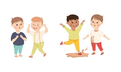 Bad behavior of kids set. Bully boy jumping into puddle and spraying another Stock Illustration
