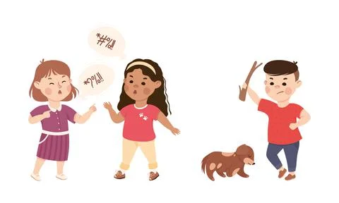 Bad behavior of kids set. Two girls swearing loudly, boy beating his dog with Stock Illustration