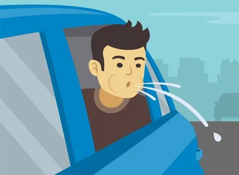 Bad behavior on roads. Close-up of a young male passenger spitting on road. Stock Illustration