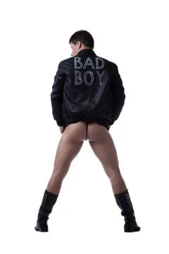 Bad boy striptease man in black jacket isolated Stock Photos