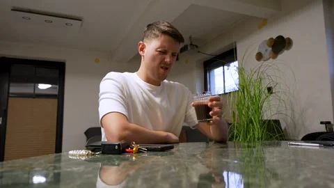 Bad Brew, Sour View: Man Reacts to Coffee with a Disgusted Cue Stock Footage 321206735
