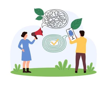 Bad business communication, miscommunication problem solving, empathy of tiny Illustrazione stock
