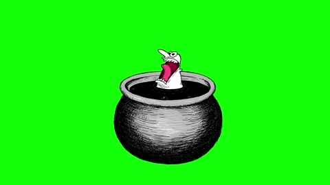 Bad cartoon sinner is boiling in kettle full of hot  tar green screen Stock Footage 289382403