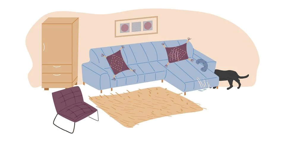 Bad cat behavior. Cat damaging, ripping sofa. Stock Illustration