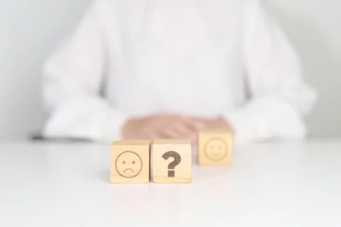 Bad Emotion face with Question block, Mental health Assessment, Psychology,.. Stock Photos