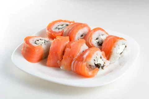 Bad example of cooking sushi roll. Cooking at the bad restaurant or first fai Stock Photos