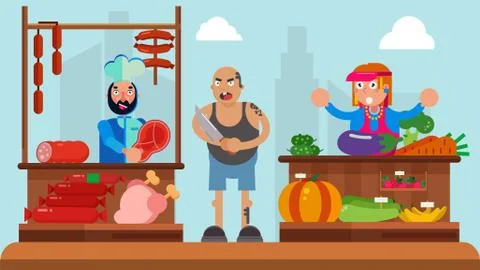 Bad guy concept, man thug at market, vector illustration. Cartoon pickpocket Stock Illustration