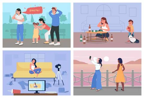 Bad habits flat color vector illustration set Stock Illustration