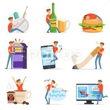 Bad habits set, alcoholism, drug addiction, smoking, gambling addiction Stock Illustration