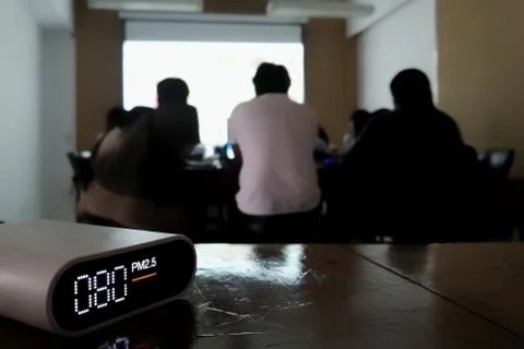 Bad indoor air quality in study room. classroom air quality measuring. pm2.5 Stock Photos