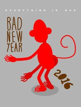 Bad new year. Everything is bad. Red monkey stands back. Christmas card bully Stock Illustration