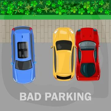 Bad or wrong parking. Parking lot with bad parked cars. Parking zone. Stock Illustration