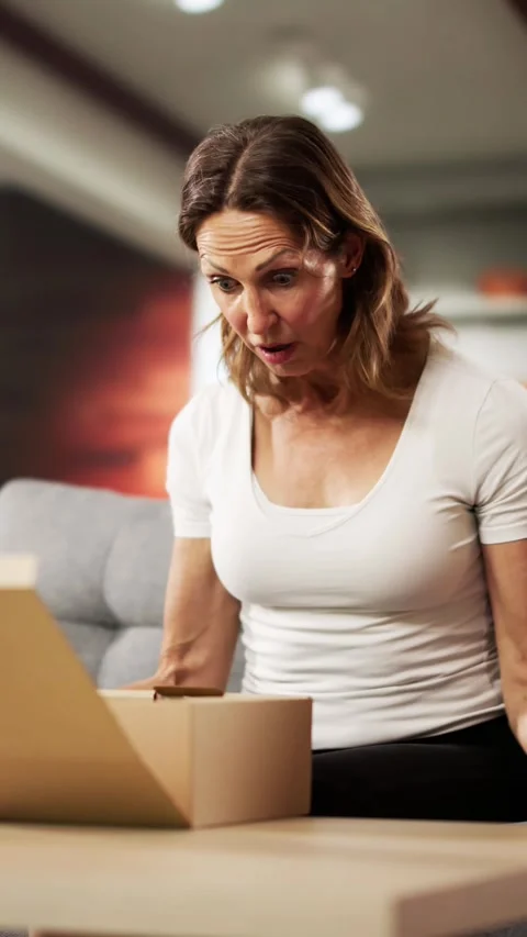 Bad Parcel Box And Sad Woman Shopping Stock Footage 309946848
