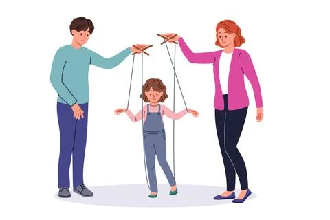 Bad parents manipulate child using strings of puppeteers to raise unhappy Stock Illustration