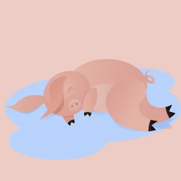 Bad pig, pig sleeping in a puddle, concept of antisocial behavior, Illustrazione stock