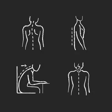 Bad posture problems chalk white icons set on black background Stock Illustration