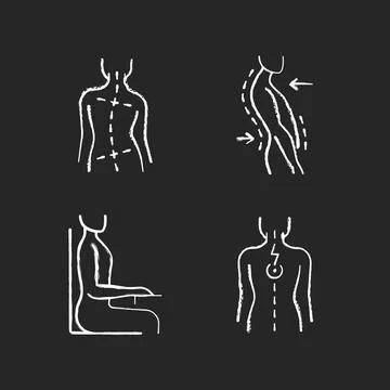 Bad posture problems chalk white icons set on black background Stock Illustration