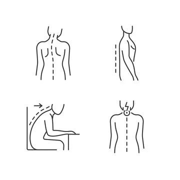Bad posture problems linear icons set Stock-Illustration