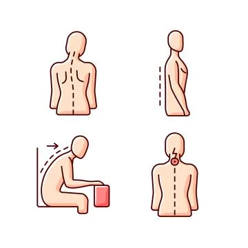 Bad posture problems RGB color icons set Stock Illustration