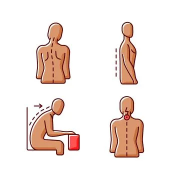 Bad posture problems RGB color icons set 스톡 일러스트
