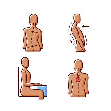 Bad posture problems RGB color icons set 스톡 일러스트