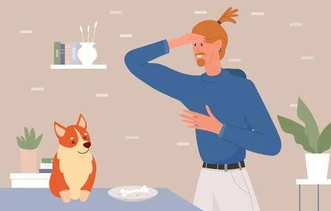 Bad problem behavior of dog domestic animal, young man upset, dog stealing owner Stock Illustration