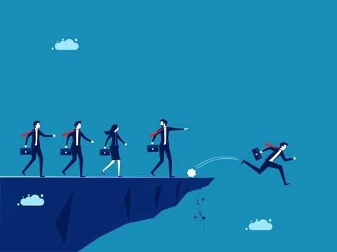 Bad problem solving ideas. manager ordered the employee to jump off the cliff Illustrazione stock