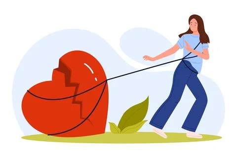 Bad relationship and divorce, separation problem, sad girl tied with rope to Stock Illustration