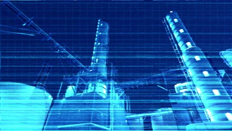 Bad signal on night camera which monitor oil refinery building Stock Footage 148717949