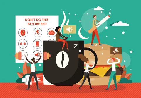 Bad sleep, insomnia causes, vector illustration. Caffeine, smoking, eating 库存插图