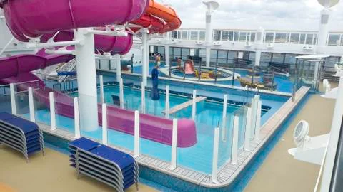 Bad travel time. Empty pool on cruise ship. No people. Cruise ship empty. Stock Photos