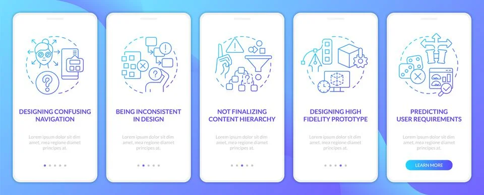 Bad user experience design blue gradient onboarding mobile app screen Stockillustratie