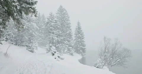 Bad visibility on Alpine lake during snow storm Stock Footage 231254716
