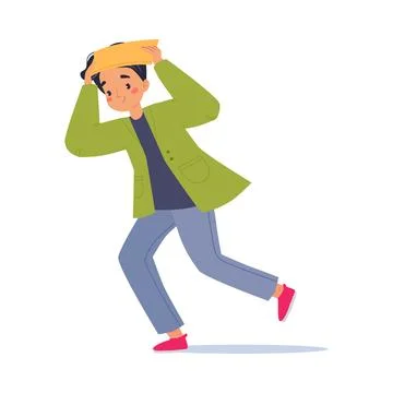 Bad Weather with Man Character Run in Windstorm and Rain Cover Head Vector Stock Illustration