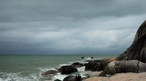 Bad Weather, Storm Coming, Ko Samui, Thailand, Granitic Rocks, Big Waves Stock Footage