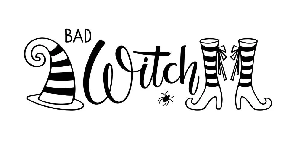Bad Witch text with witch hat and shoes and spider. Halloween autumn lettering Stock Illustration