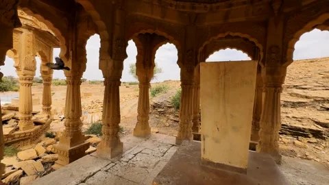 Bada Bagh, Jaisalmer, India: An architectural complex of numerous carved domed c Stock Footage 335204046