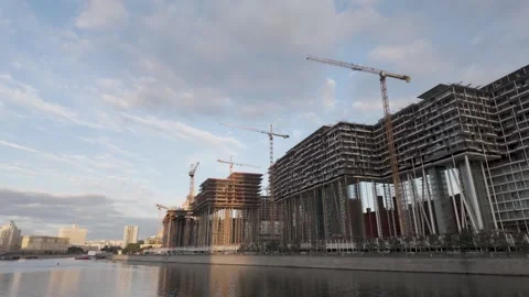 Badaevsky Development on Stilts Under Construction by the Moskva River Stock Footage 342088148