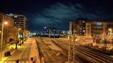 Badalona Spain 2-jun-26 Timelapse of Railway Tracks Urban Traffic Stock Footage 336330414