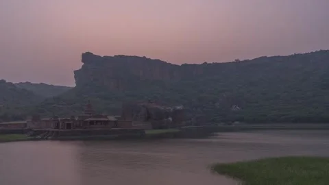 Badami Cave Temples at sunrise time-lapse clip, Karnataka India Stock Footage 280406986