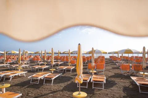 Badeanstalt an der Adriaküste der Romagna in Italien *** Bathing establish.. Stock Photos