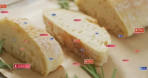 Badge appearance sending subscribe or play badges floating around two bread Stock Footage 323336131