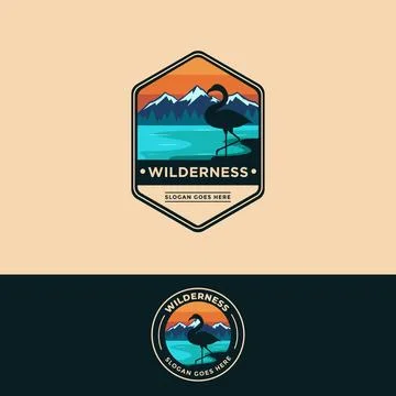 Badge emblem patch wilderness outdoor flamingo on lake mountain landscape logo Stock Illustration