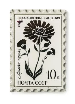 Badge features a Soviet postage stamp with a medicinal plant pattern. Inscrip Stock Photos