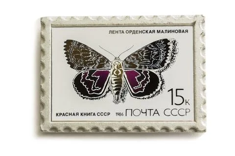 Badge features a Soviet postage stamp with a butterfly pattern. Inscription:  Stock Photos
