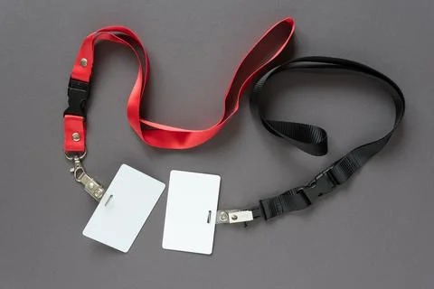 Badge mockup on grey background. Plain empty name tag mock up. Stock Photos